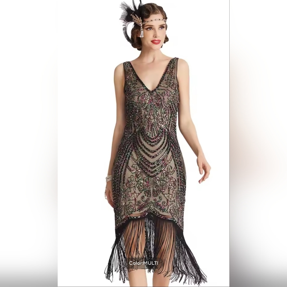 NEW Pink 1920s Sequin Gatsby Colorful Dress Small